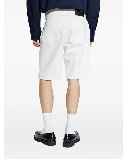 Balmain White Logo-Patch Denim Shorts for men