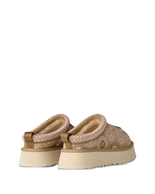 Ugg Brown Floral-Embroidery Platform Slippers
