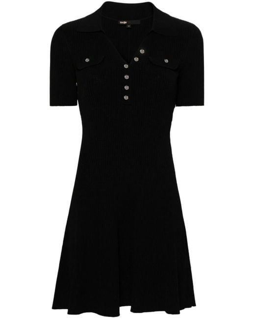 Maje Black Spread-collar Ribbed Minidress
