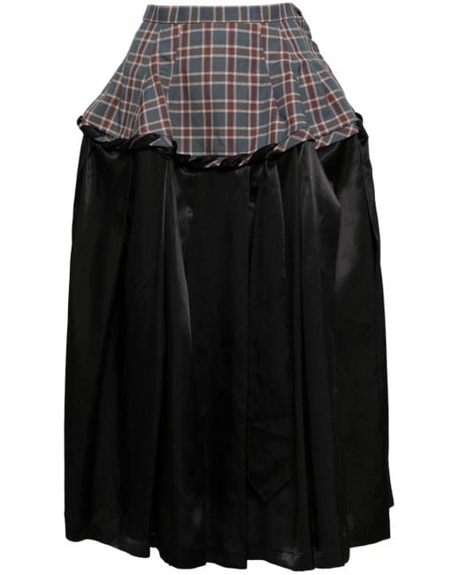 Toga Black Checked-panel Satin Midi Skirt