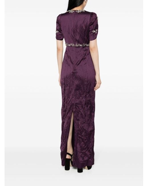 Erdem Purple Floral-embellished Satin Column Gown