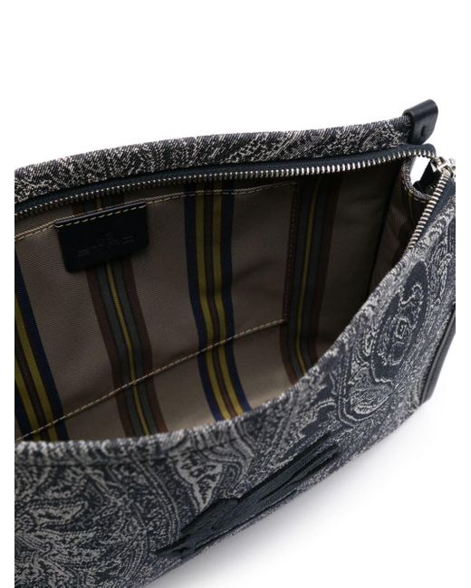 Etro Gray Navy Blue Large Pouch With Paisley Jacquard Motif for men