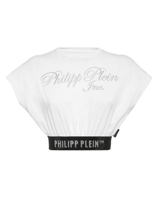 Philipp Plein White Rhinestone-logo Cropped T-shirt