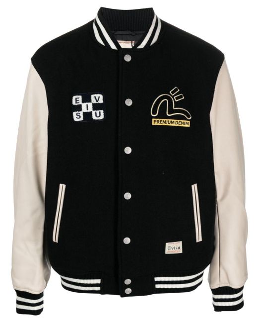 Evisu Black Daruma Appliqué Wool Baseball Jacket for men