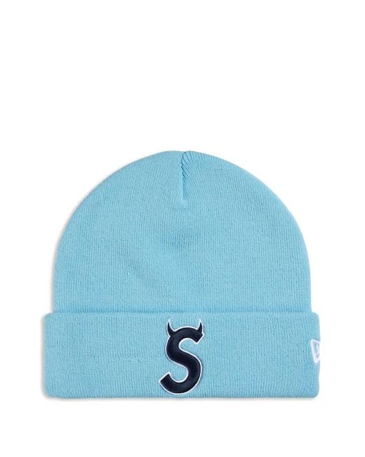 Supreme X New Era Devil S Logo-Embroidered Beanie Hat in Blue for