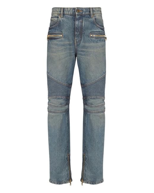 Balmain Blue Biker Zip-Pocket Cotton Jeans for men