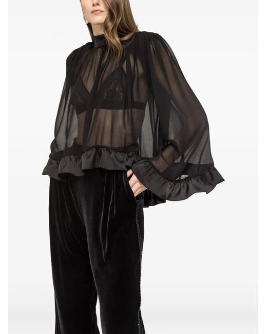 Nissa Black Ruffle-Trim Chiffon Top