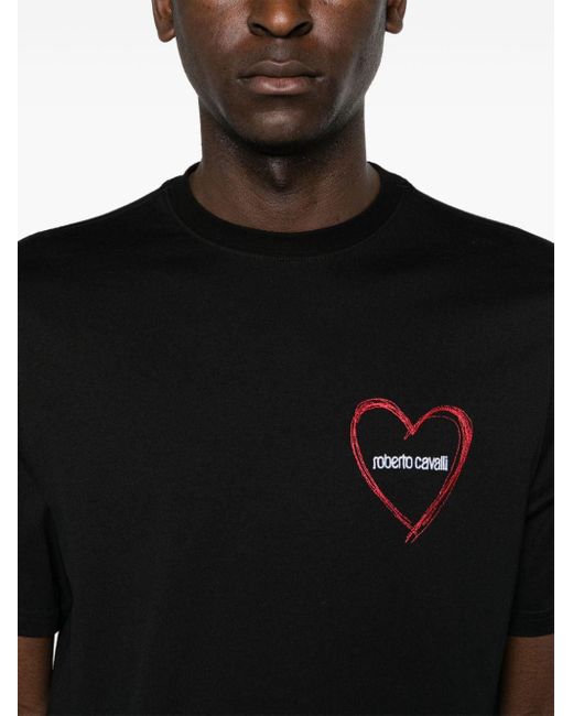 Roberto Cavalli Black Heart-embroidered Cotton T-shirt for men