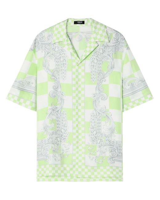 Versace Green Medusa-print Checked Silk Shirt for men