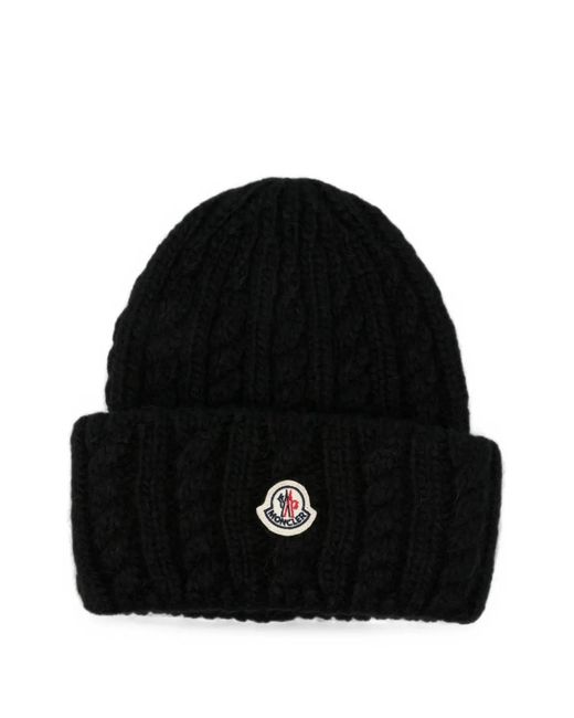 Moncler Black Cable-Knit Logo-Patch Beanie Hat