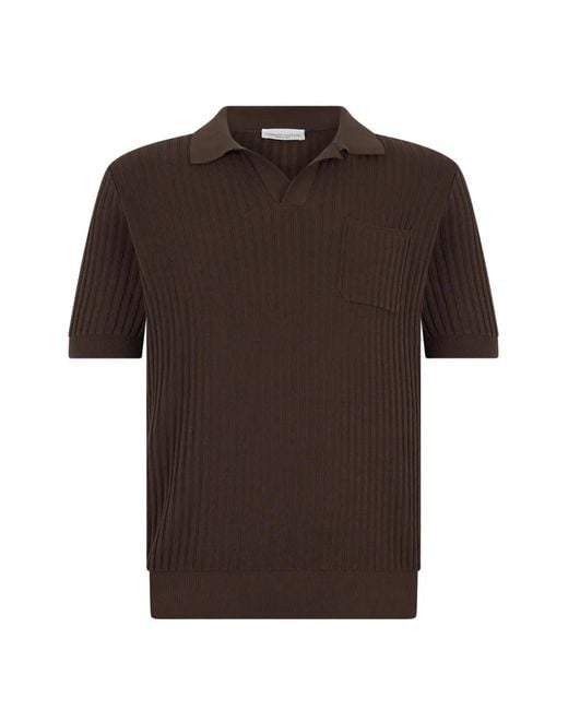 Roberto Collina Brown Ribbed-Knit Polo Coller Short-Sleeve Sweater for men
