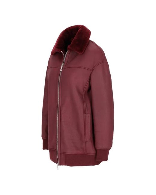 LA ROSE Red Shearling-Collar Bomber Jacket