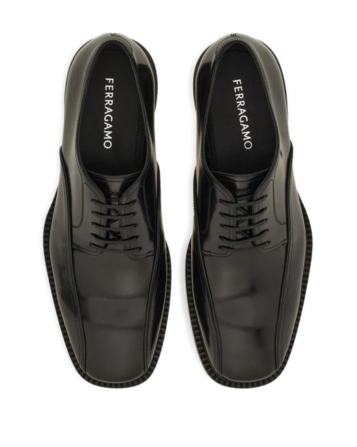 Ferragamo Black Double-Stitched Leather Derby Shoes for men