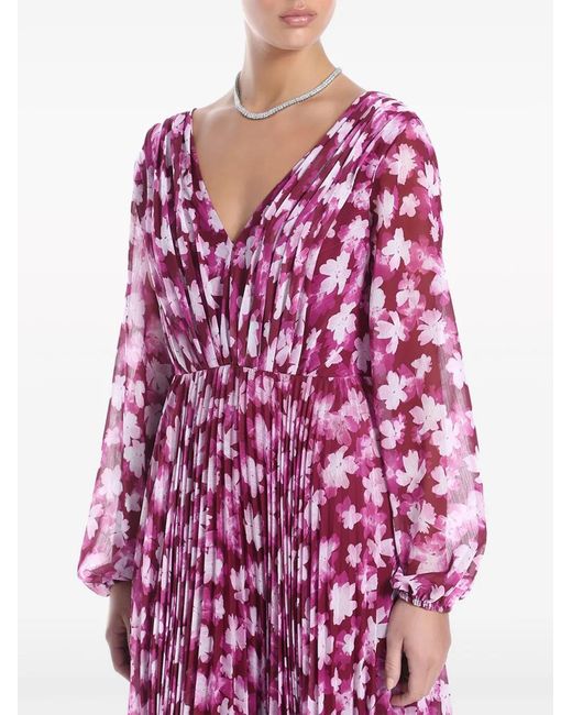 ML Monique Lhuillier Purple Floral-Print Pleated Maxi Dress