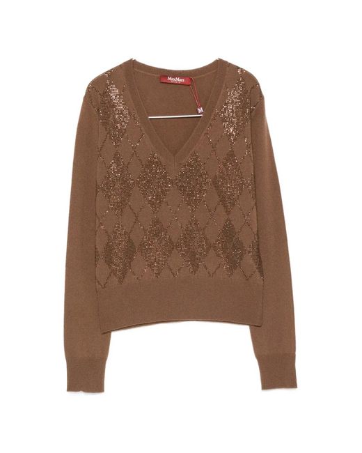 Max Mara Brown Argyle-Pattern Stud-Embellished Sweater
