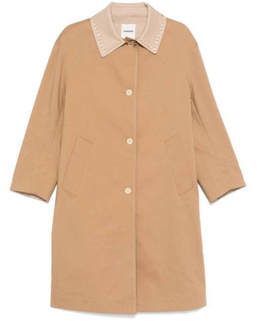 Sandro Natural Rhinestone-Collar Trench Coat
