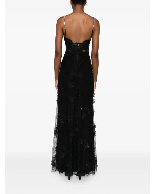 Nissa Black 3D Floral Embellished Lace Maxi Dress