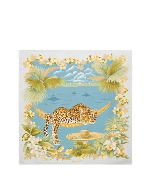 Ferragamo Blue Jungle-Print Silk Scarf