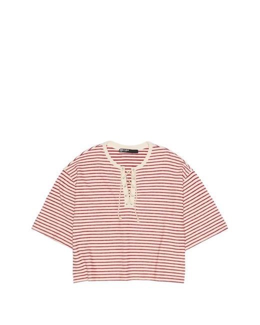 Bimba Y Lola Pink Lace-Up Striped T-Shirt