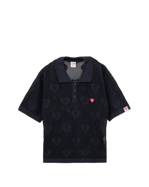 AAPE BY A BATHING AP Blue Heart-Motif Open-Knit Polo Shirt