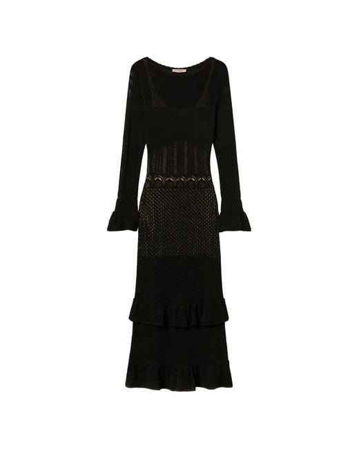 Twinset Black Long Wool Blend Knit Dress With Ruffles