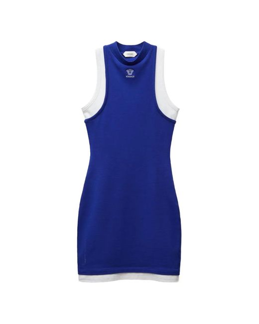 Versace Blue Embroidered-Logo Stretch Cotton-Jersey Mini Dress