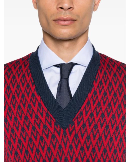 Valentino Garavani Red Geometric-Pattern V-Neck Sweater for men