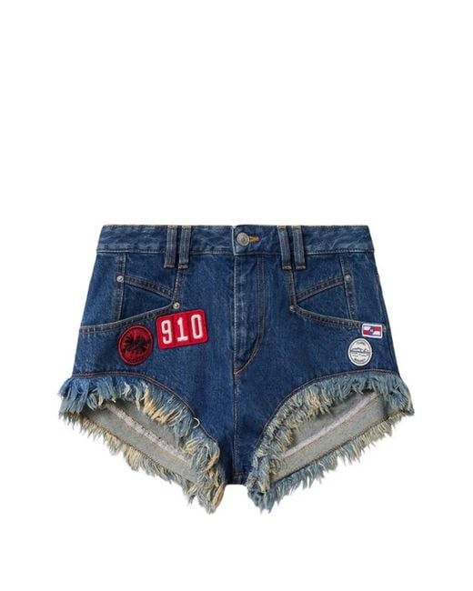 Isabel Marant Blue Eneidala Frayed-Hem Patches Shorts