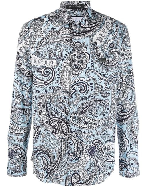 Philipp Plein Blue Paisley-Print Long-Sleeved Shirt for men