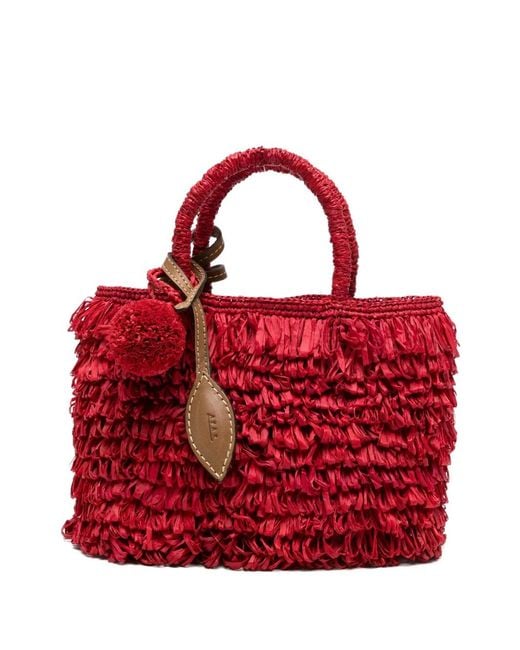 AFAR Red Fringed Raffia Tote Bag