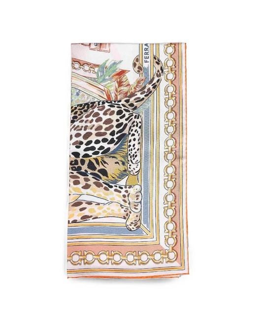 Ferragamo White Gancini Animal-Print Scarf