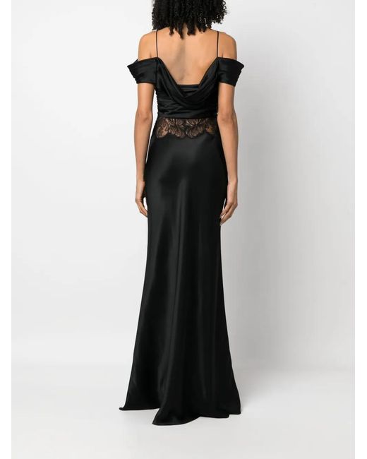 Alberta Ferretti Black Off-Shoulder Lace-Panel Satin Gown