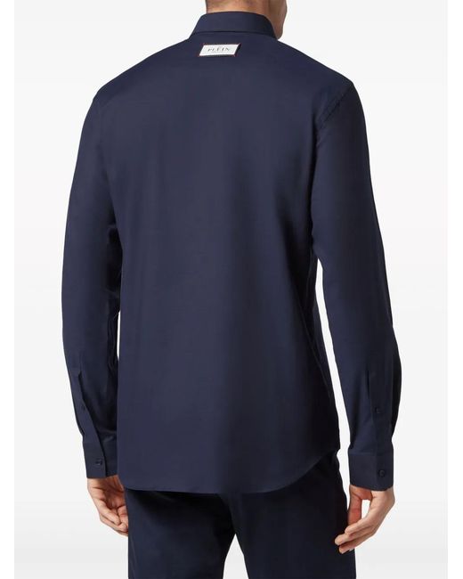 Philipp Plein Blue Skull-Embroidered Poplin Shirt for men