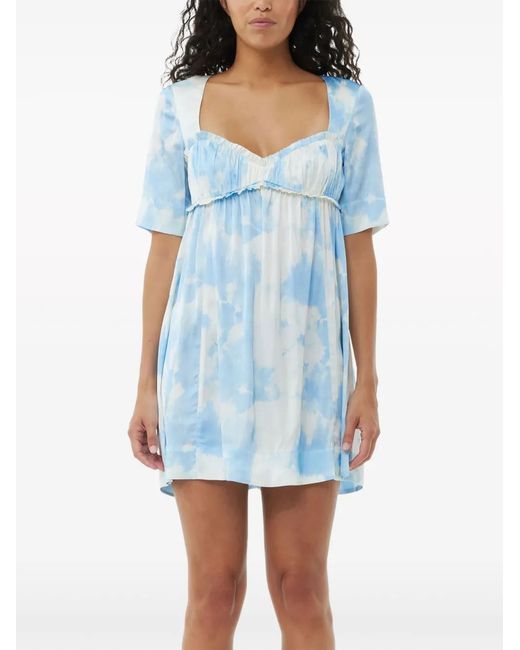 Ganni Blue Graphic-Print Satin Minidress