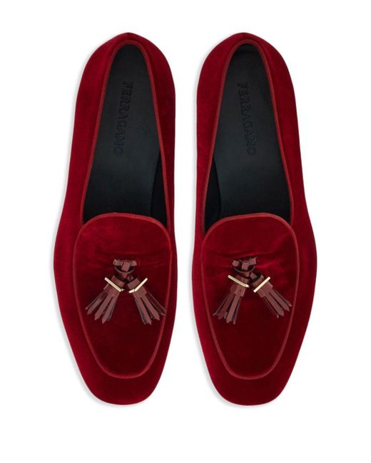 Ferragamo Red Tasselled Velvet Loafers for men