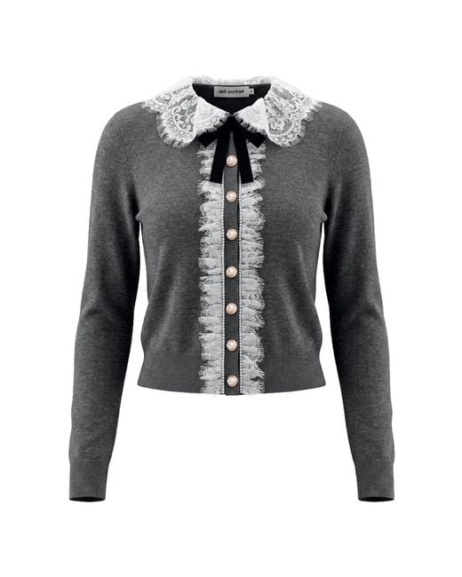 Self-Portrait Black Lace-Collar Bow-Detail Cardigan