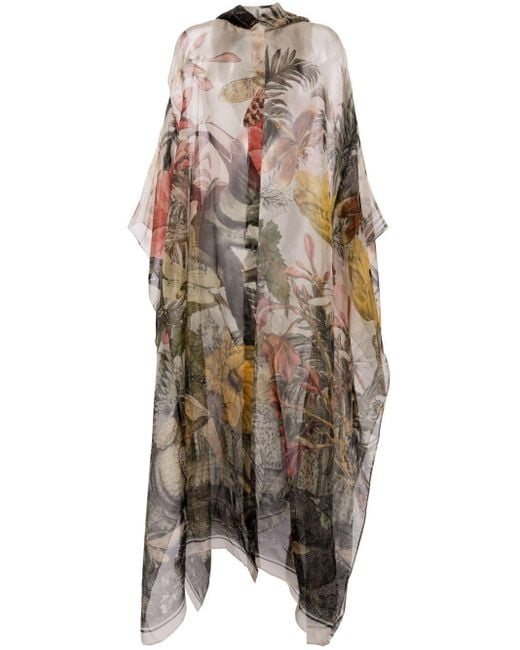 Biyan Natural Floral-print Sheer Silk Coat