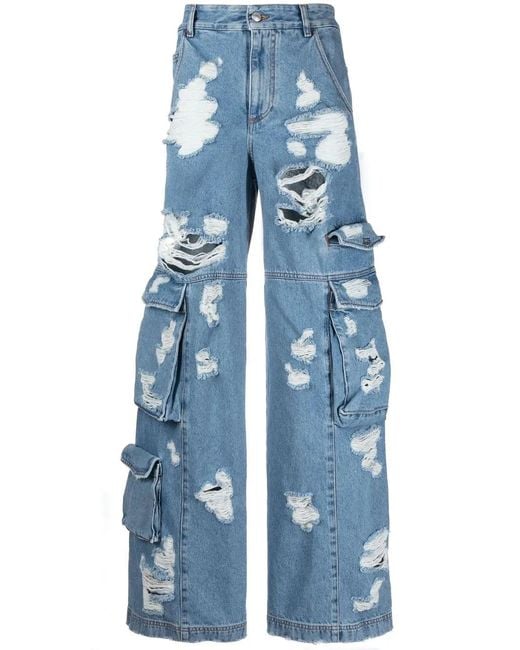 Gcds Blue Distressed Wide-Leg Jeans for men