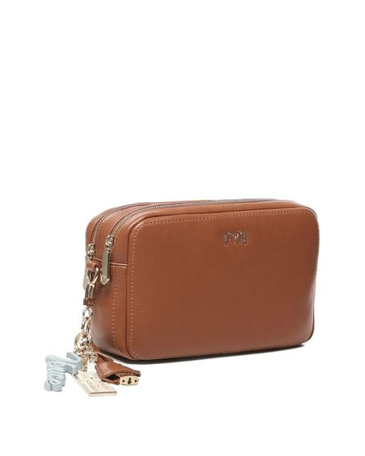 V73 Brown Double-Zip Charm Shoulder Bag