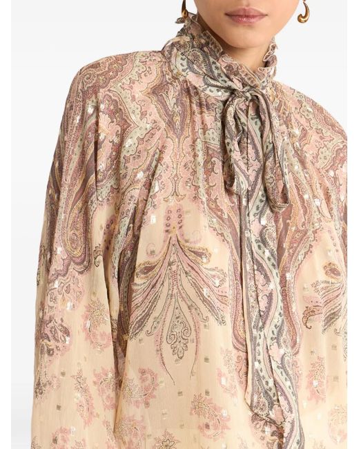 Etro Natural Silk Blouse With Scarf And Placed Print