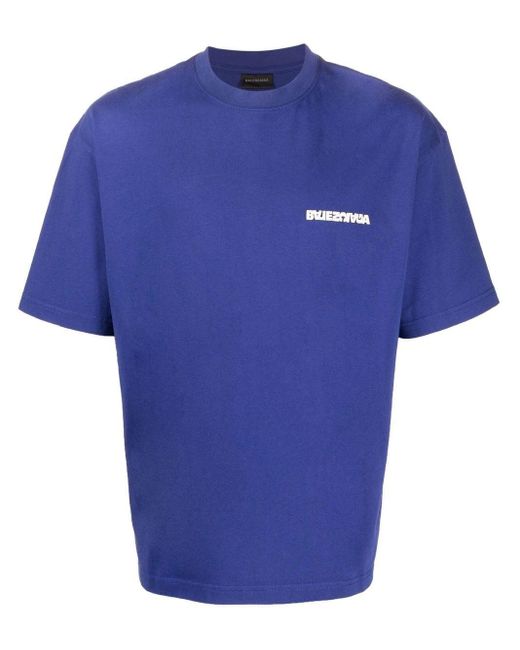 Balenciaga Logo-embroidered Crew-neck T-shirt in Blue for Men | Lyst