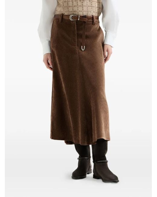 Brunello Cucinelli Brown Fluid Corduroy Flute Skirt With Monili