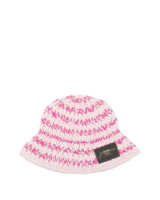 Ganni Pink Crochet-Knit Bucket Hat