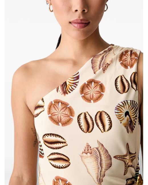 Farm Rio Metallic Seashell-Print One-Shoulder Midi Dress