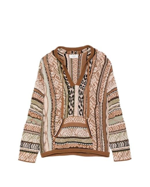 Laneus Brown Patterned Knitted Hoodie for men