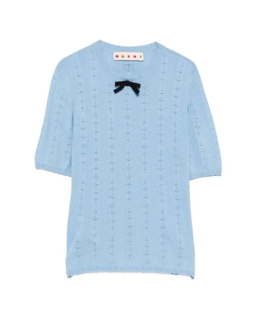 Marni Blue Bow-Detail Pointelle-Knit T-Shirt