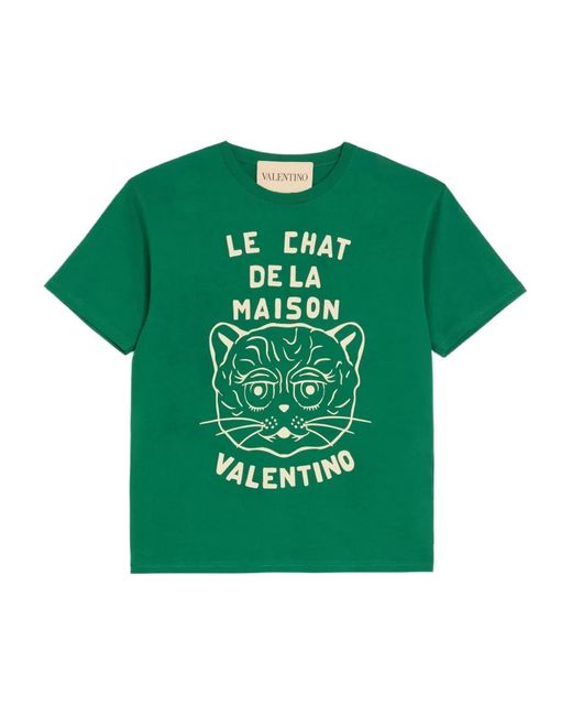 Valentino Garavani Green Cotton T-Shirt With Le Chat De La Maison Print for men