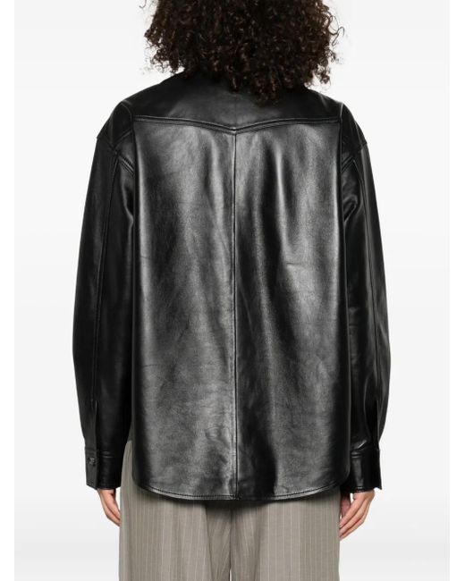 Haikure Black Leather Button-Up Shirt Jacket