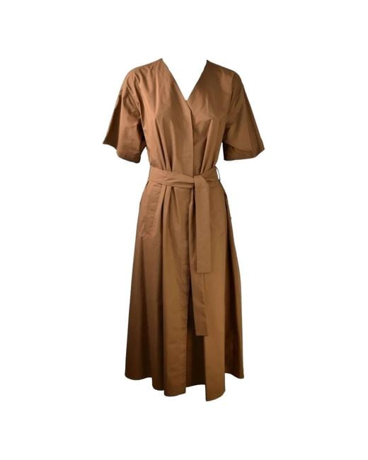 SOLOTRE Brown Belted V-Neck Midi Dress