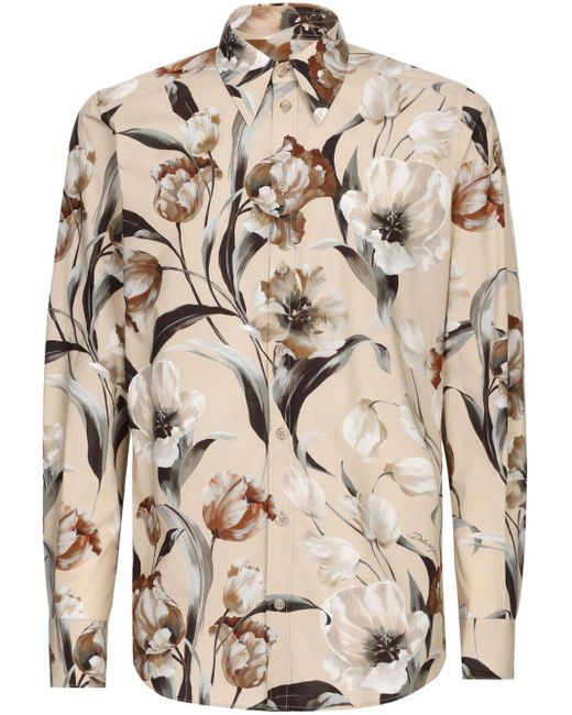 Dolce & Gabbana Natural Floral-print Poplin Shirt for men